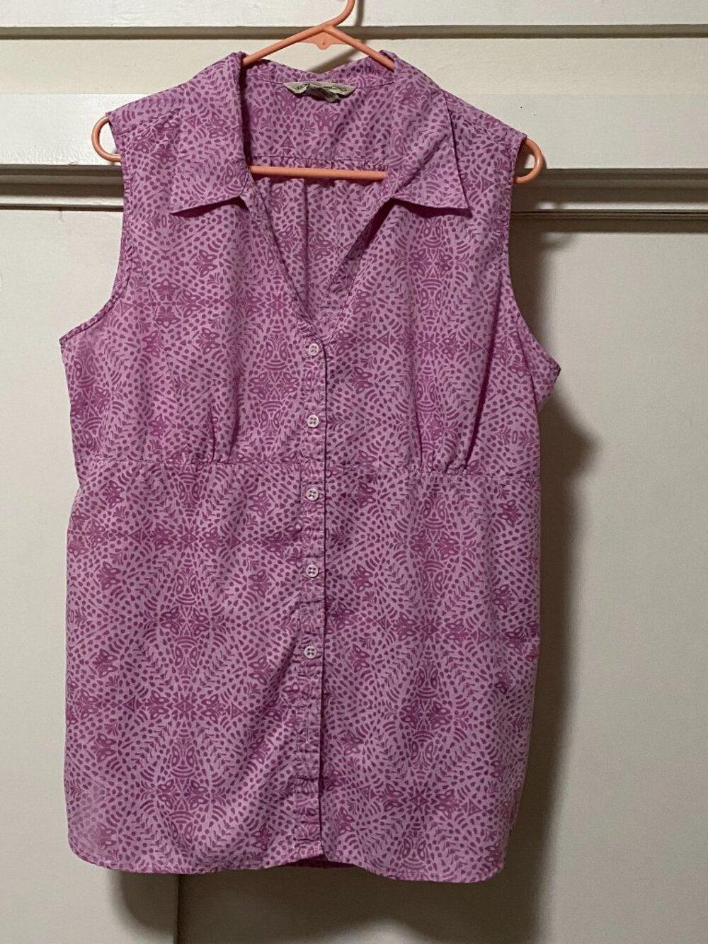 Exofficio, sleeveless, purple & pink, button-down blouse, size XL